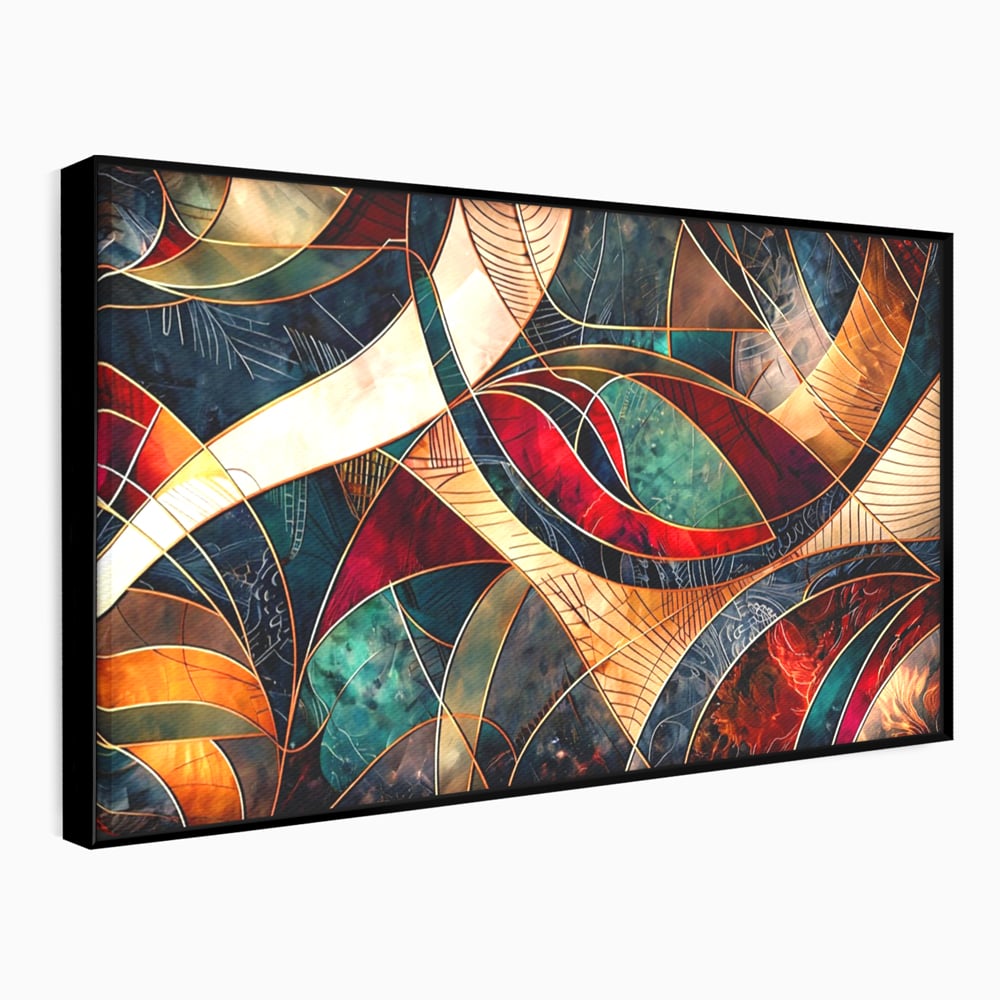 Tablou canvas cu tablou abstract cu linii aurii, in rama de aluminiu negru